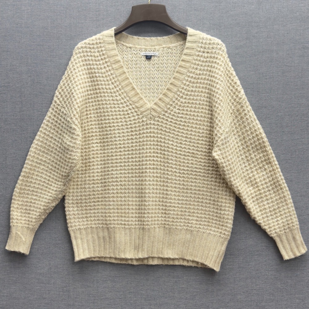 American Eagle Waffle Knit V‎ Neck Sweater Beige Pullover Casual Women's XS
